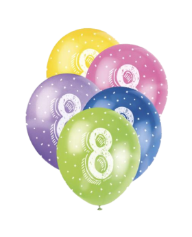 Age 8 Birthday Latex Balloons 12'', pk5
