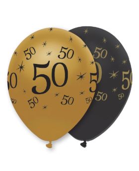 6 Black & Gold Age 50 Pearlescent Latex Balloons 12"