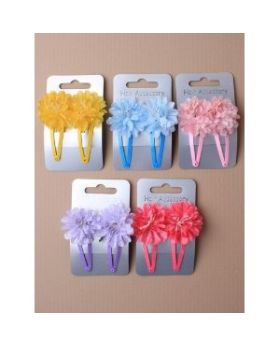 Card of 2 bright coloured fabric flowers on 6cm sleepies.