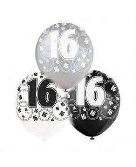 Black Glitz 16 All Over Print Party Balloons 6pk