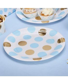 Blue & Gold Dots Paper Plates 23cm, pk8