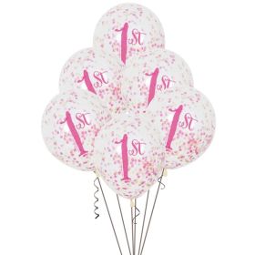 6 Pink and Gold 1st Birthday Latex Balloons with Confetti 12"