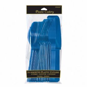 Bright Royal Blue Re-usable Plastic Cutlery, Assorted 24 pack