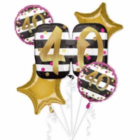 Pink & Gold 40th Birthday Foil Balloon Bouquet, pk5