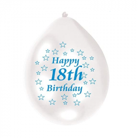 18th White & Blue Birthday Latex Balloons 9", pk10