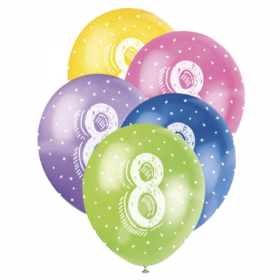 Age 8 Birthday Latex Balloons 12'', pk5