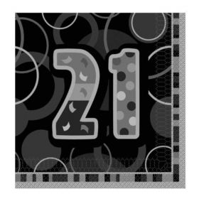 Black Glitz 21st Birthday Party Napkins 33cm x 33cm, pk16