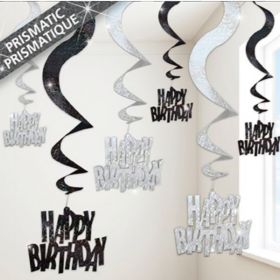 6 Black Glitz Happy Birthday Swirl Decorations