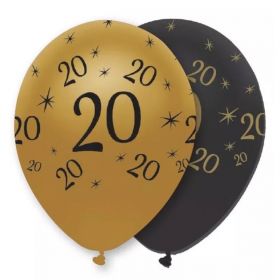 Black & Gold Age 20 Pearlescent Latex Balloons 12", pk6