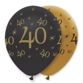 Black & Gold Age 40 Pearlescent Latex Balloons 12", pk6