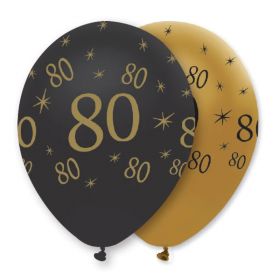 Black & Gold Age 80 Pearlescent Latex Balloons 12", pk6