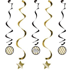 Black & Gold Happy Birthday Hanging Swirls, pk5