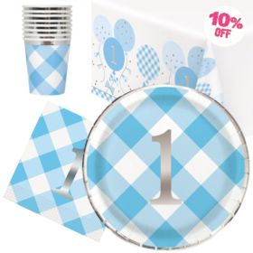 Blue Gingham 1st Birthday Party Tableware Pack for 8