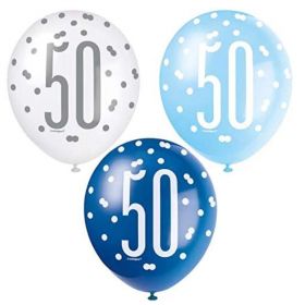 Glitz Blue Age 50 Latex Balloons 12", pk6