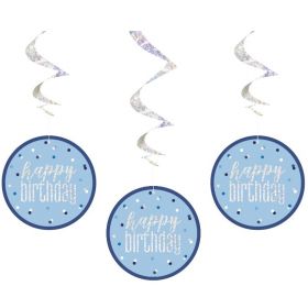 Glitz Blue Happy Birthday Swirls 81cm, pk6