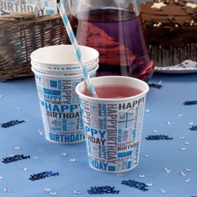 Blue Happy Birthday Cups 270ml, pk8