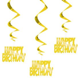 3 Gold Happy Birthday Swirl Decorations