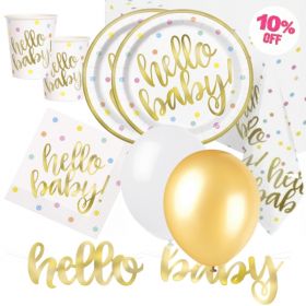 Gold Hello Baby Shower Deluxe Party Pack for 16