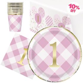 Pink Gingham 1st Birthday Party Tableware Pack for 8