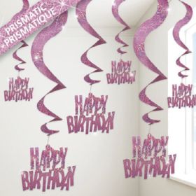 Pink Glitz Happy Birthday Swirl Decorations 66cm, pk6