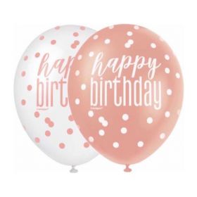 6 Glitz Rose Gold Happy Birthday Latex Balloons 12"