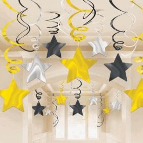 Black, Silver & Gold Party Pack Shooting Stars, pk30