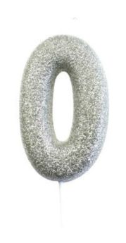 Number 0 Glitter Numeral Moulded Pick Candle Silver