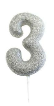 Number 3 Glitter Numeral Silver Moulded Candle 