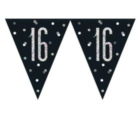 Glitz Black 16th Birthday Flag Banner 2.74m