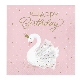 Swan Party Happy Birthday Napkins 33cm x 33cm, pk16