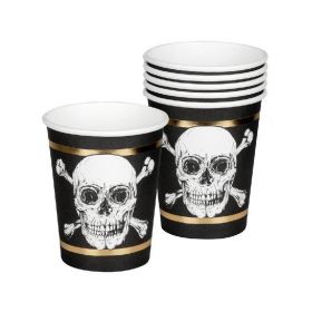 Black & Gold Pirate Party Paper Cups 250ml, pk6