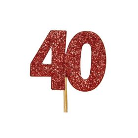 Glitter Ruby Red 40 Numeral Cupcake Toppers, pk12