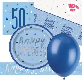 Glitz Blue 50th Birthday Party Tableware Pack for 8