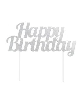 Silver Glitter Happy Birthday Cake Topper