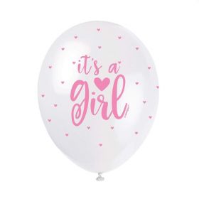5 Pink It's a Girl Latex Balloons 12"