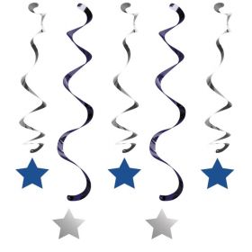 5 Blue & Silver Star Dizzy Dangler Hanging Decoration 24''