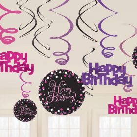 Pink Sparkling Celebration Happy Birthday Swirl Decorations, pk12