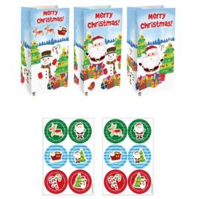 Christmas Paper Party Bags with Stickers, pk12