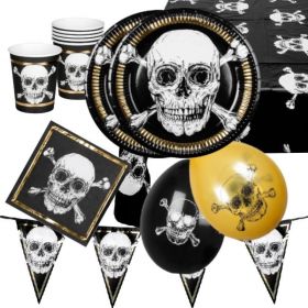 Black & Gold Pirate Skull Deluxe Party Pack for 12