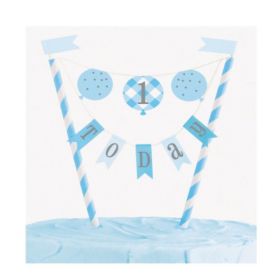 Blue Gingham 1st Birthday Party Cake Topper