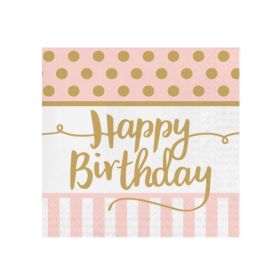 Pink Chic Happy Birthday Lunch Napkins 33cm x 33cm, pk20