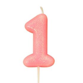 Age 1 Glitter Numeral Moulded Pick Candle Pink