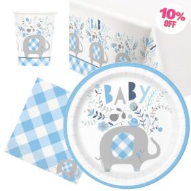 Blue Floral Elephant Baby Shower Party Tableware Pack for 8