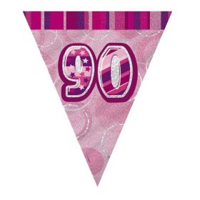 Pink Glitz Age 90 Party Flag Banner 2.8m