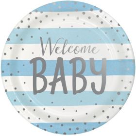 Blue and Silver Baby Shower Party Dinner Plates 23cm, pk8