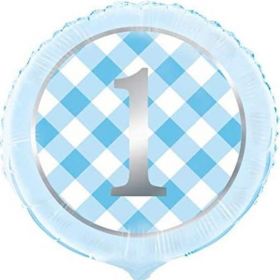 Blue Gingham 1st Birthday Party Foil Balloon 18"