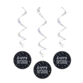 Glitz Black Happy Birthday Swirls 32", pk6