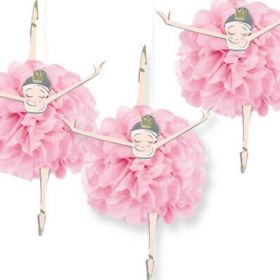 Ballerina Pink & Gold 1st Birthday Party Hanging Tissue Pom Pom Decorations 23cm, pk3