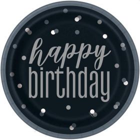 Glitz Black Happy Birthday Plates 23cm, pk8