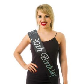 Black Satin and Diamante '30th Birthday' Sash